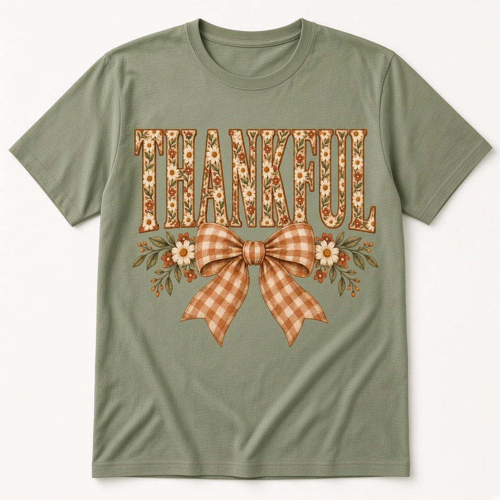 4PCS DTF Transfer Thankful Floral Letters Gingham Bow 10in Iron On