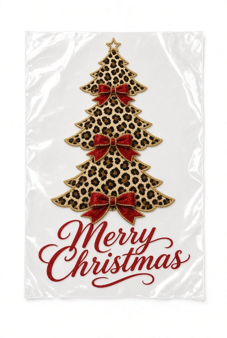 PK4 Leopard Print Christmas Tree DTF Transfer 10in Merry Christmas Heat Press