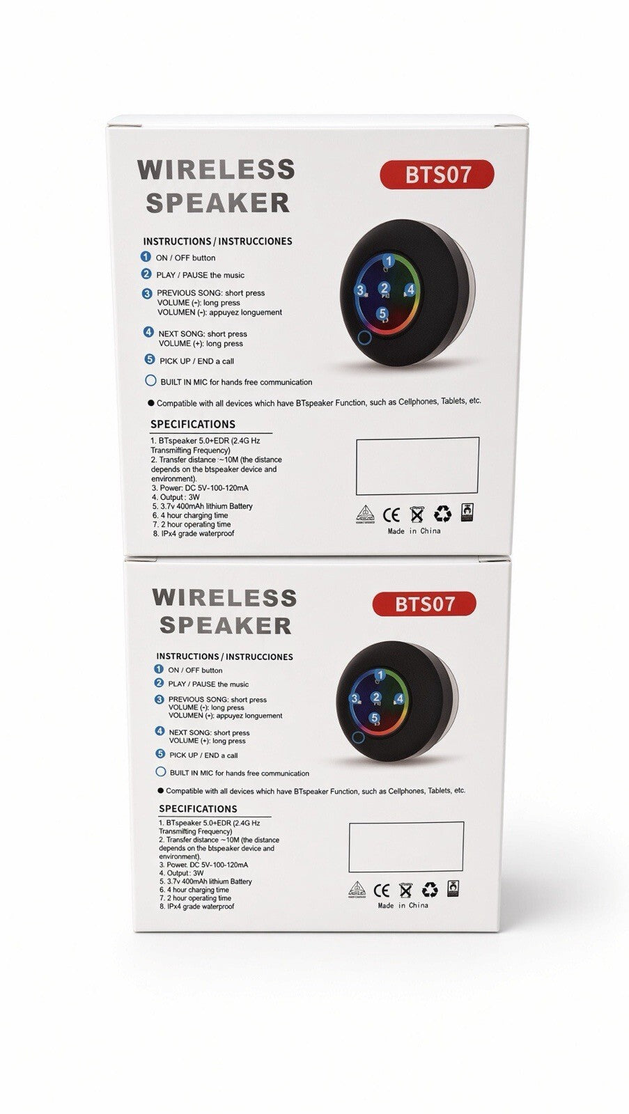 BTS07 Wireless Bluetooth Shower Speaker IPX4 LED Waterproof Suction Cup Pk2