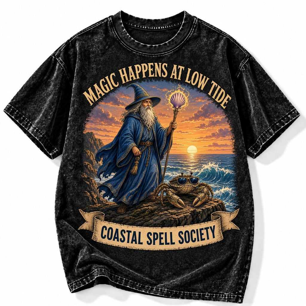 Acid Wash Black Tee Magic Happens at Low Tide Wizard Coastal Vintage Graphic