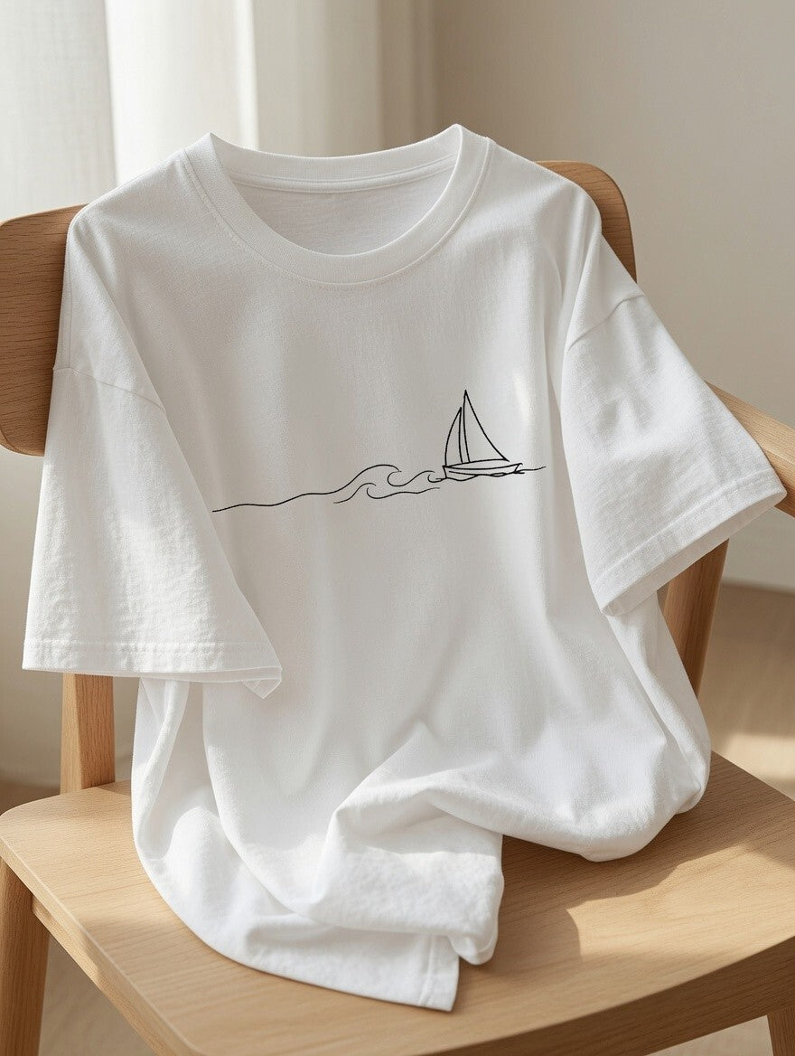 Minimalist Sailboat T-Shirt | Ocean Wave Line Art Tee | Sailing Adventure Shirt