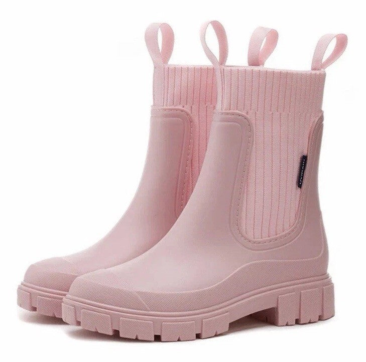 Pink Rain Boots Women Chelsea Sock Knit Waterproof Chunky Sole US 8 EU 39