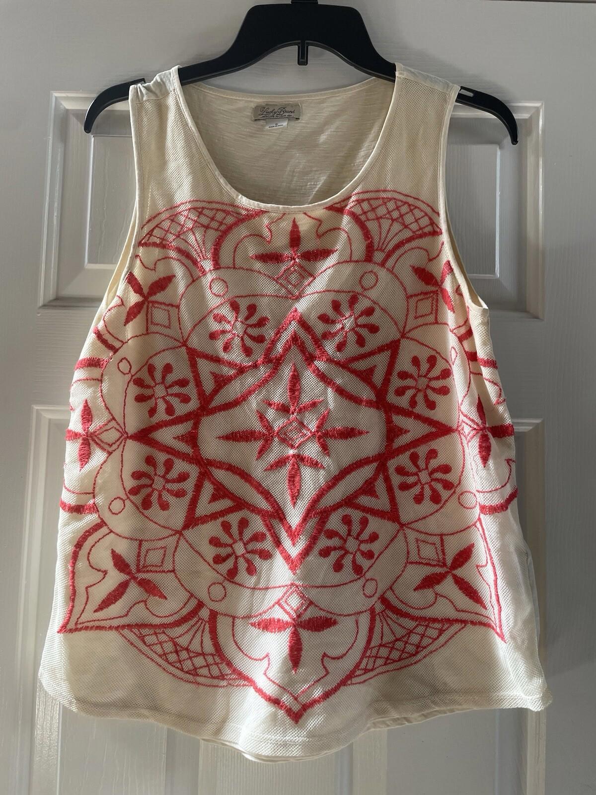 Lucky Brand Women’s Sleeveless Tank Top S Wheat/Mango Embroidered Double Layer