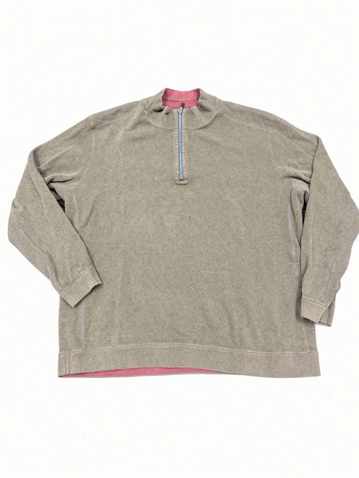 Tommy Bahama Olive Quarter Zip Pullover XXL Pink Marlin Logo Pink Lining Sweater