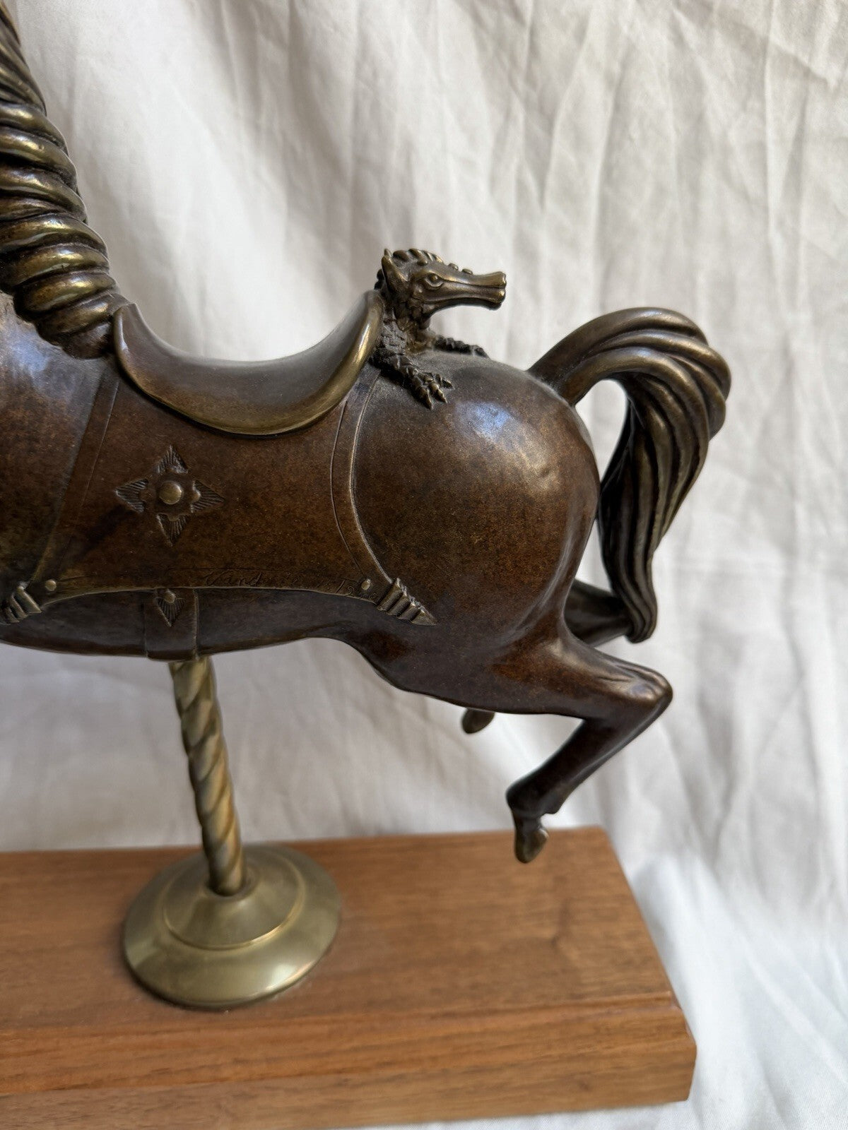 Vintage Bronze Carousel Horse Statue on Wood Base 12” Dragon Detail Brass Pole