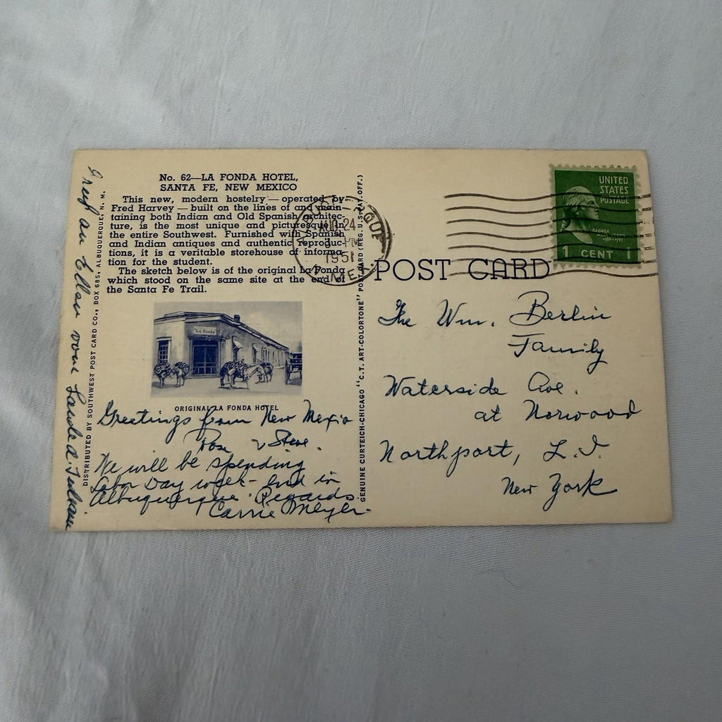 Vintage La Fonda Hotel Santa Fe NM Postcard - Fred Harvey Southwest 1950s