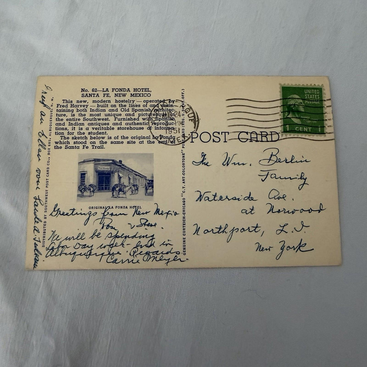 Vintage La Fonda Hotel Santa Fe NM Postcard - Fred Harvey Southwest 1950s