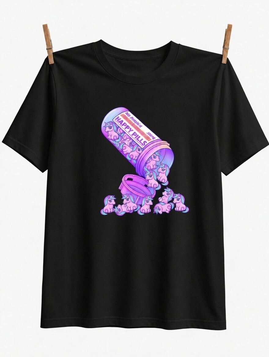 Happy Pills Unicorn Graphic T-Shirt, Cute Pastel Cartoon Tee, Cotton Crew Neck