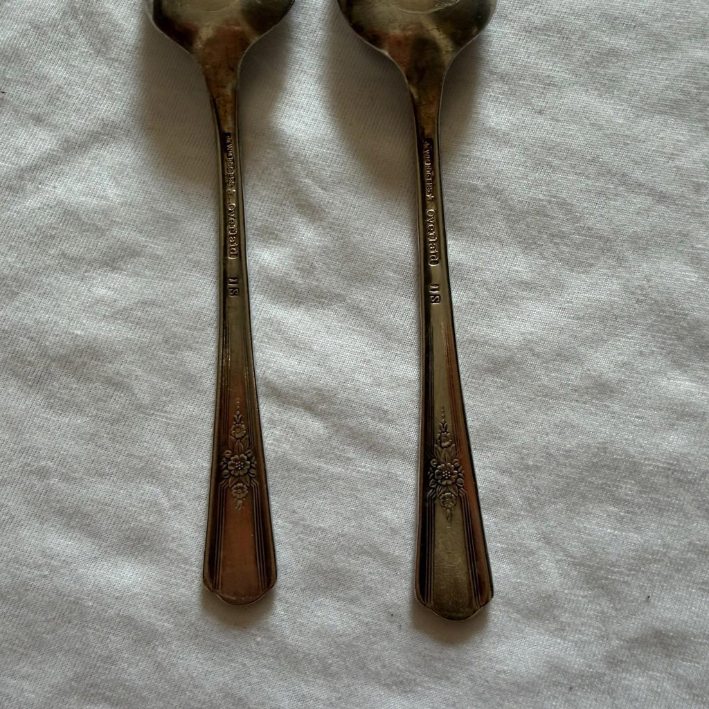 Vintage Wm Rogers Overlaid IS Silverplate Teaspoons Pair Floral Handle 1940s