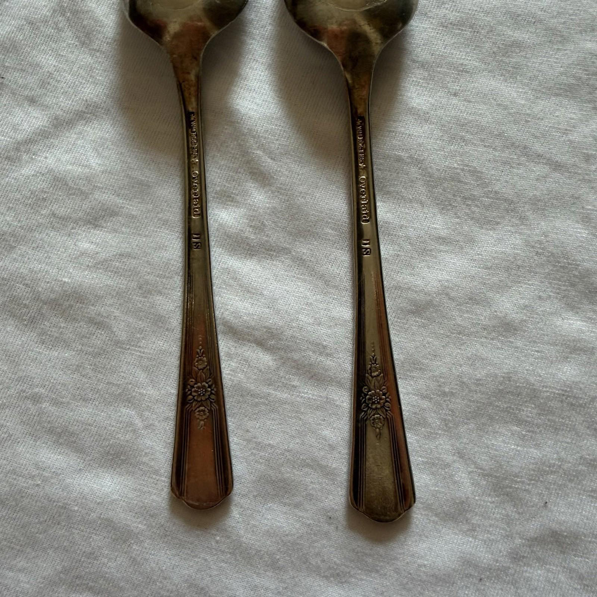 Vintage Wm Rogers Overlaid IS Silverplate Teaspoons Pair Floral Handle 1940s