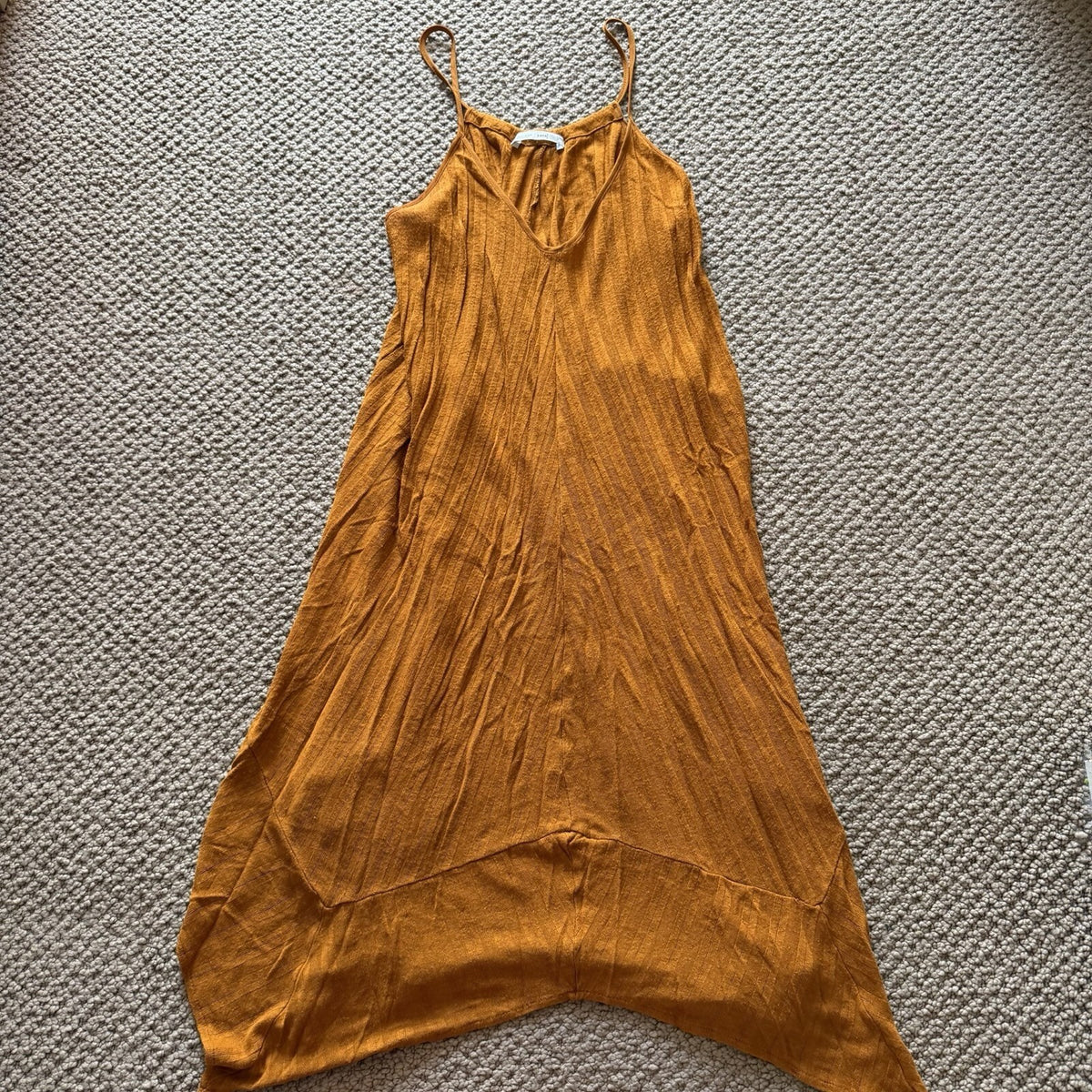 Zara Woman Mustard Yellow Ribbed Midi Dress Handkerchief Hem Boho V Neck Size S