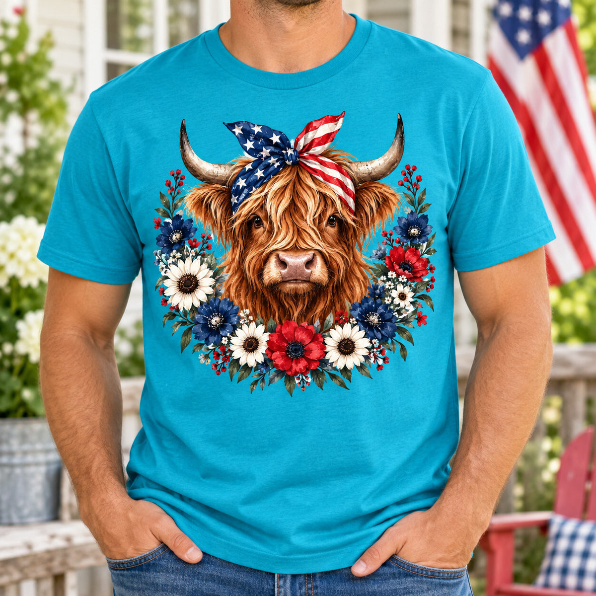 4pcs 10" Highland Cow Flag Bandana DTF PNG Patriotic Iron On Transfer