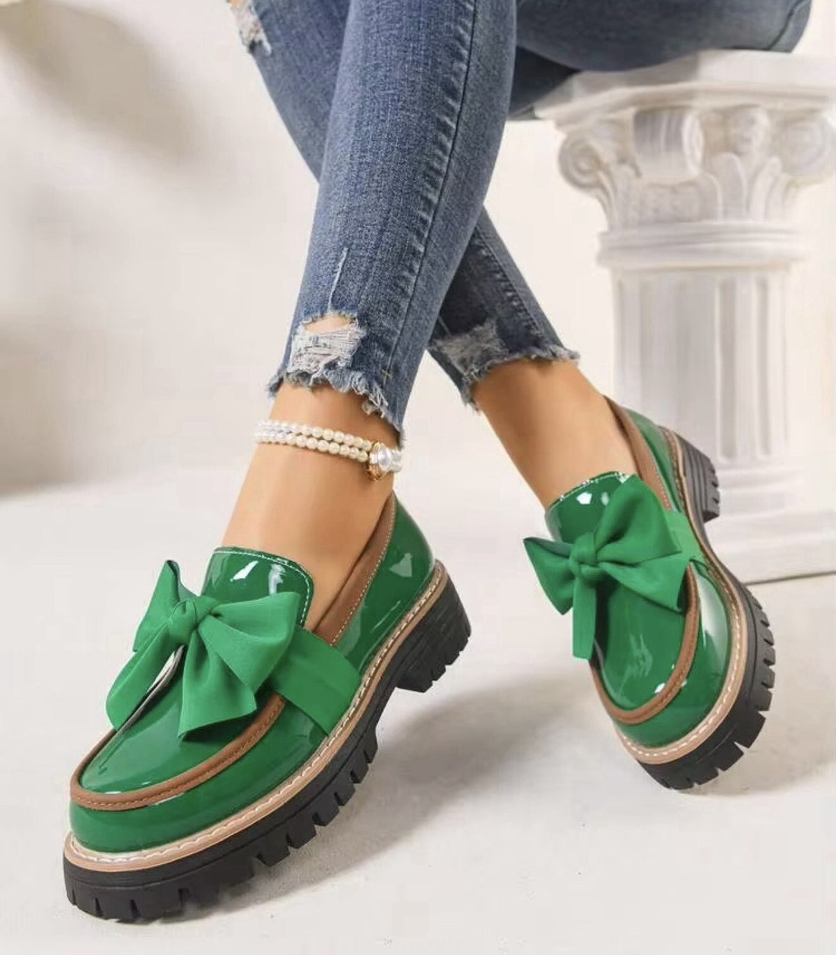 Women Green Patent Loafers Bow Accent Chunky Lug Sole Slip On Dress Shoes 40