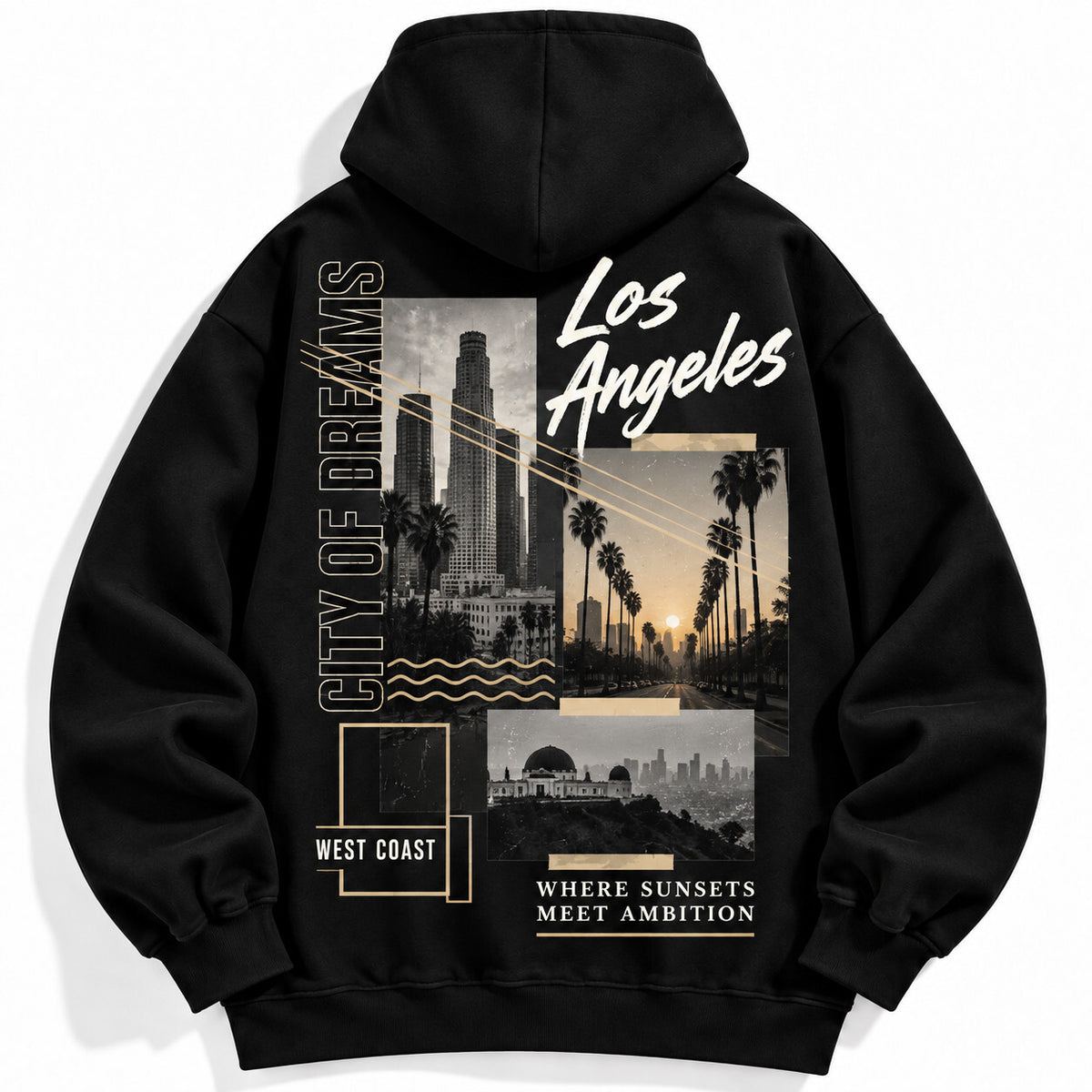 Los Angeles Black Hoodie Men’s Urban City Collage West Coast Graphic Pullover