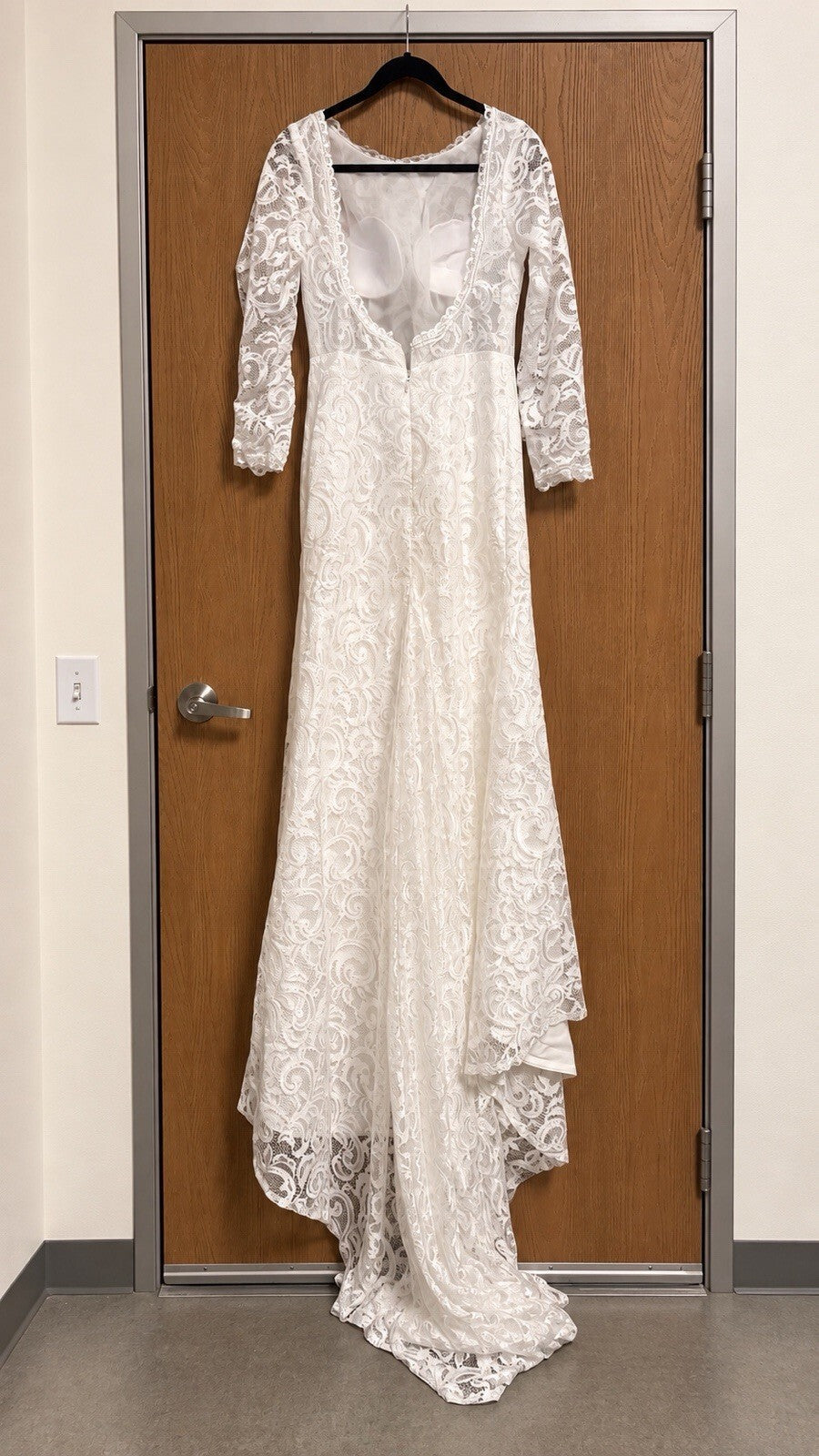 White Lace Wedding Dress Size 12 Long Sleeve High Low Train Bridal Gown