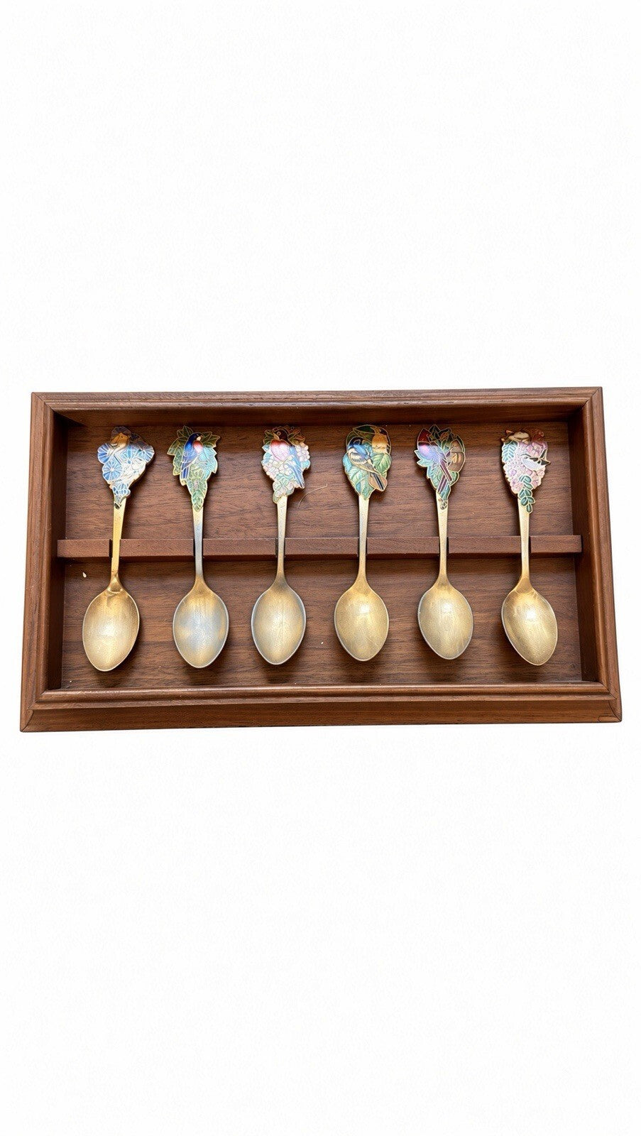 Vintage Hallmark Songbirds Enamel Spoon Set 6 Walnut Display Rack 1981 Japan