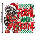 Feral And Festive DTF Transfer 10" Pk4 Christmas Raccoon Heat Press