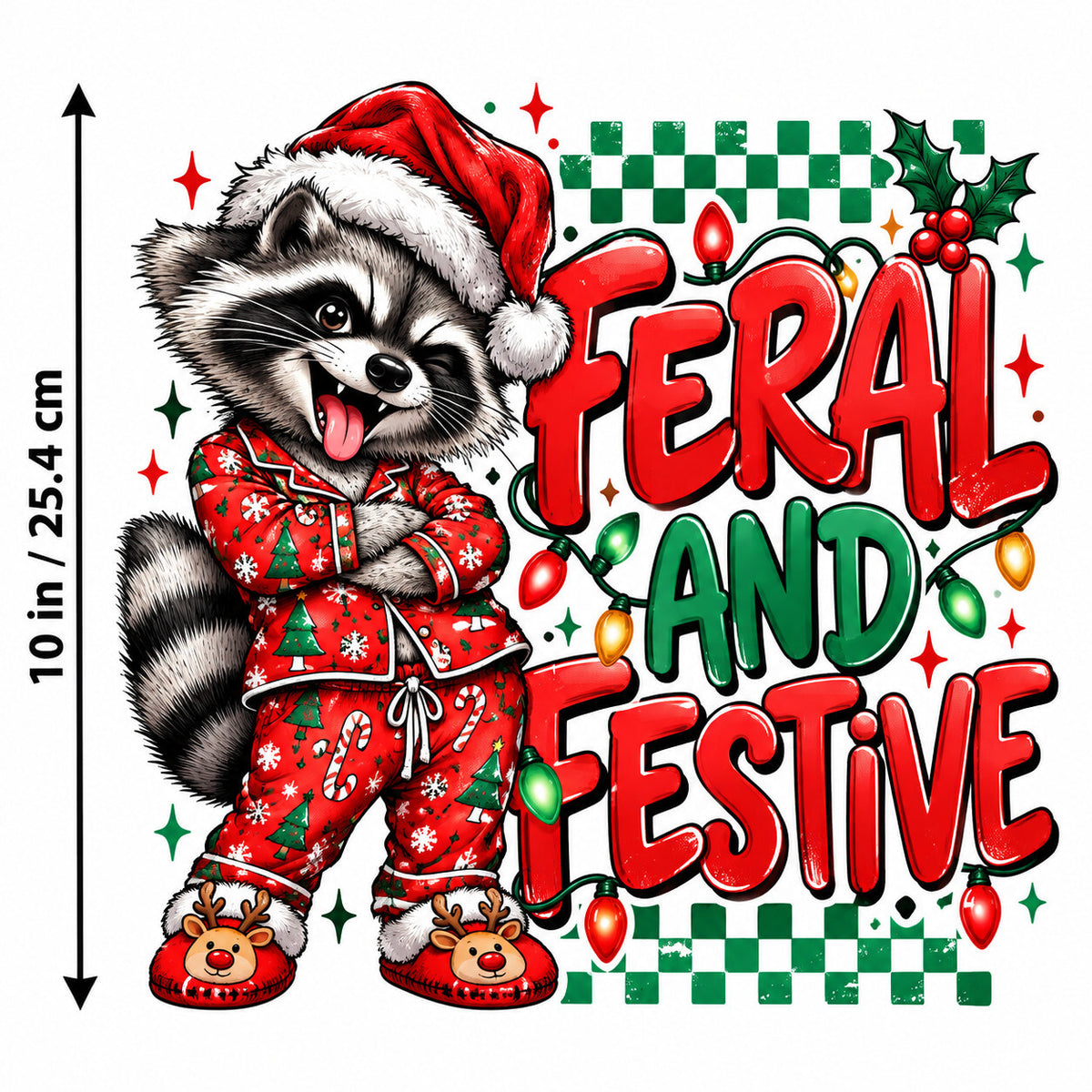 Feral And Festive DTF Transfer 10" Pk4 Christmas Raccoon Heat Press