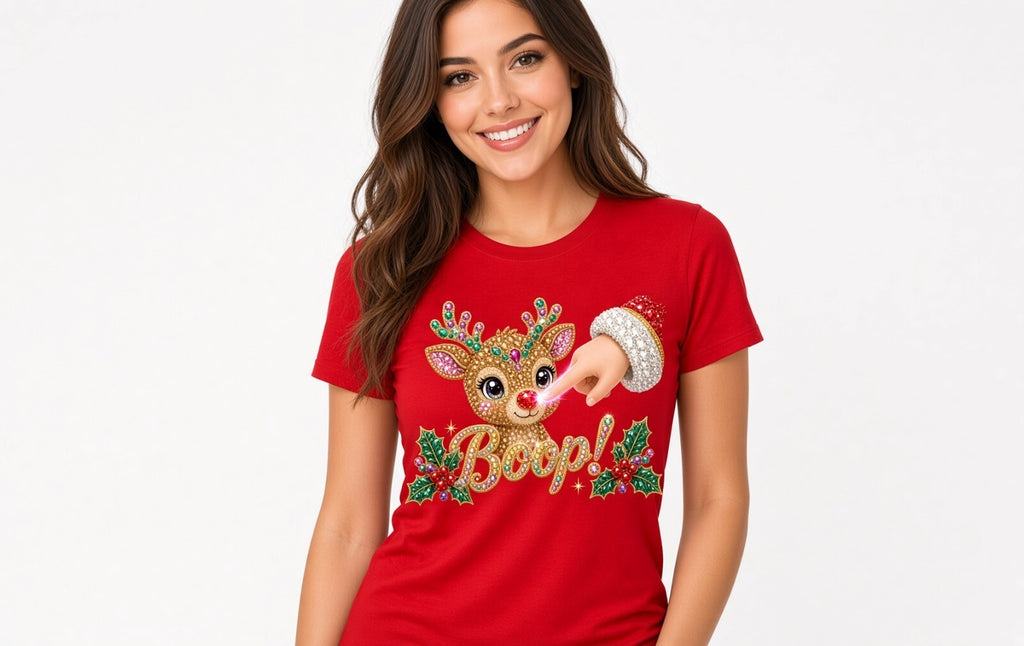 Boop Christmas Reindeer DTF Transfer 10" PK4 Rhinestone Holly Heat Press