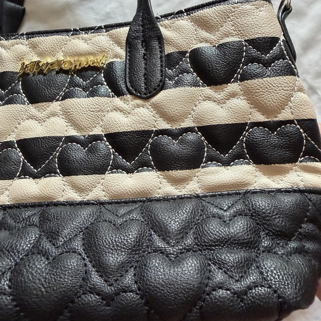 Betsey Johnson Quilted Heart Tote Black Beige Striped Bow Charm Gold Hardware