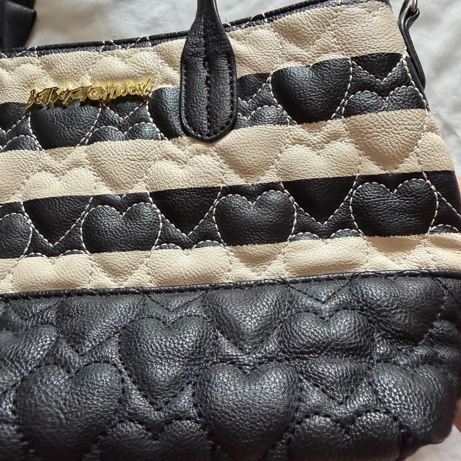 Betsey Johnson Quilted Heart Tote Black Beige Striped Bow Charm Gold Hardware