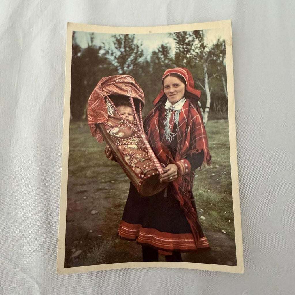 Vintage Sami Woman Postcard - Norwegian Lapp Mother with Cradle Komse 1950s