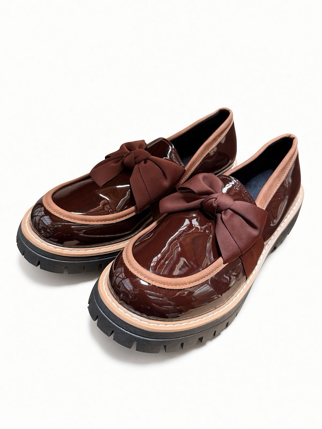 Brown Patent Bow Loafers Women Chunky Platform Lug Sole Shoes EU 41