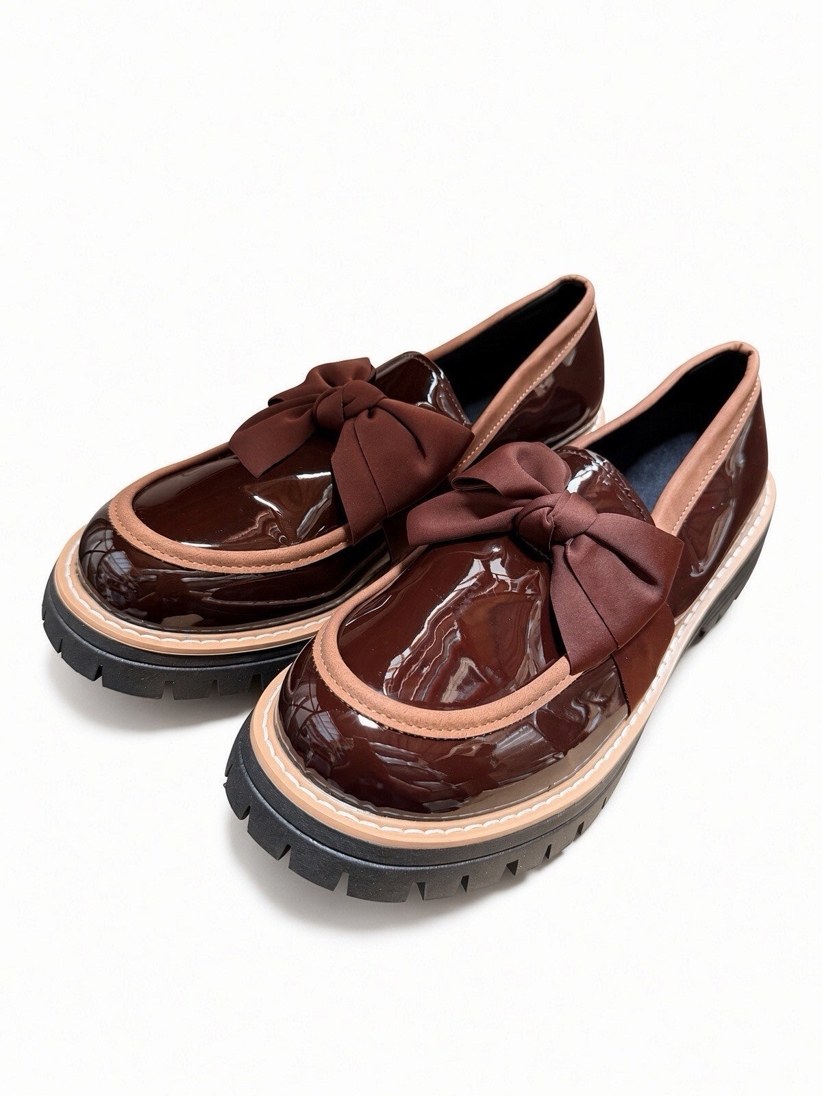 Brown Patent Bow Loafers Women Chunky Platform Lug Sole Shoes EU 41