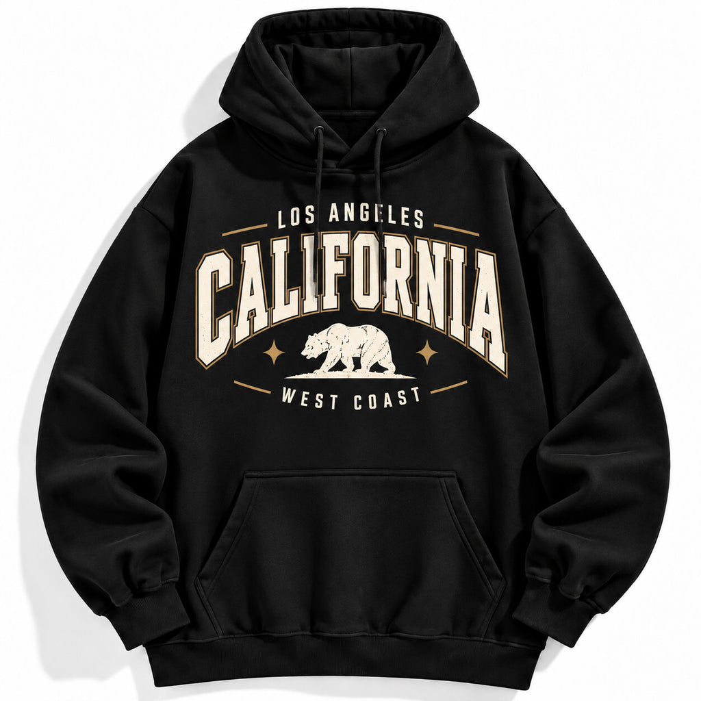 California Los Angeles Black Hoodie West Coast Bear Graphic Pullover Sweatshir