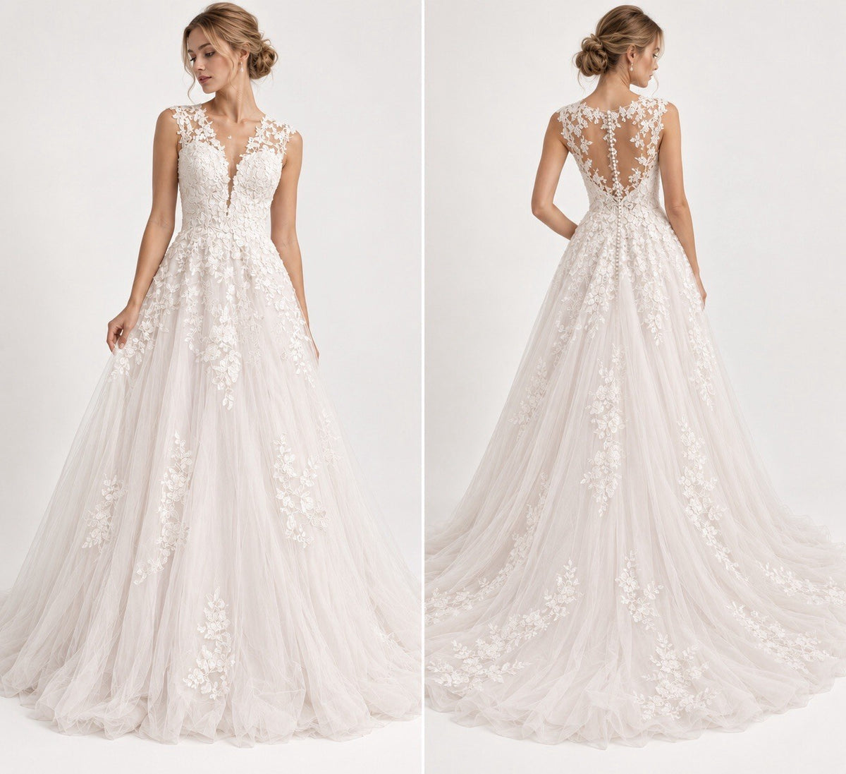 Ivory Lace A-Line Wedding Dress Size 6 Floral Tulle Bridal Gown Cap Sleeve