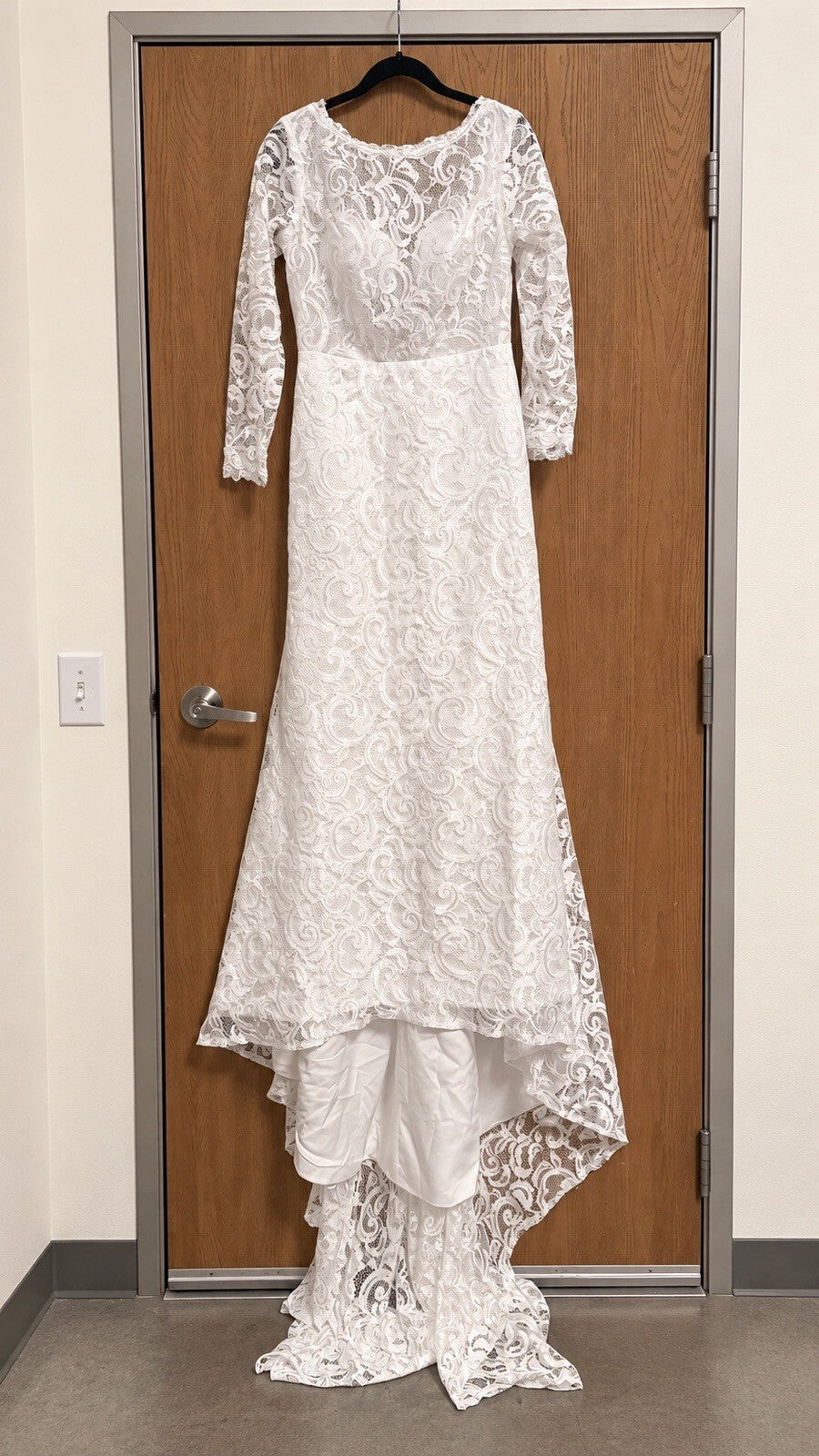 White Lace Wedding Dress Size 12 Long Sleeve High Low Train Bridal Gown
