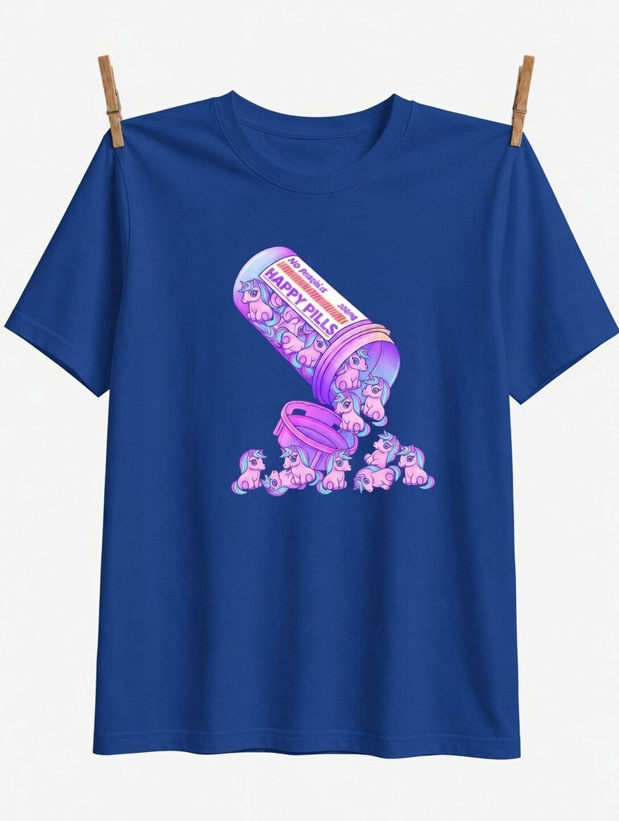 Happy Pills Unicorn Graphic T-Shirt, Cute Pastel Cartoon Tee, Cotton Crew Neck
