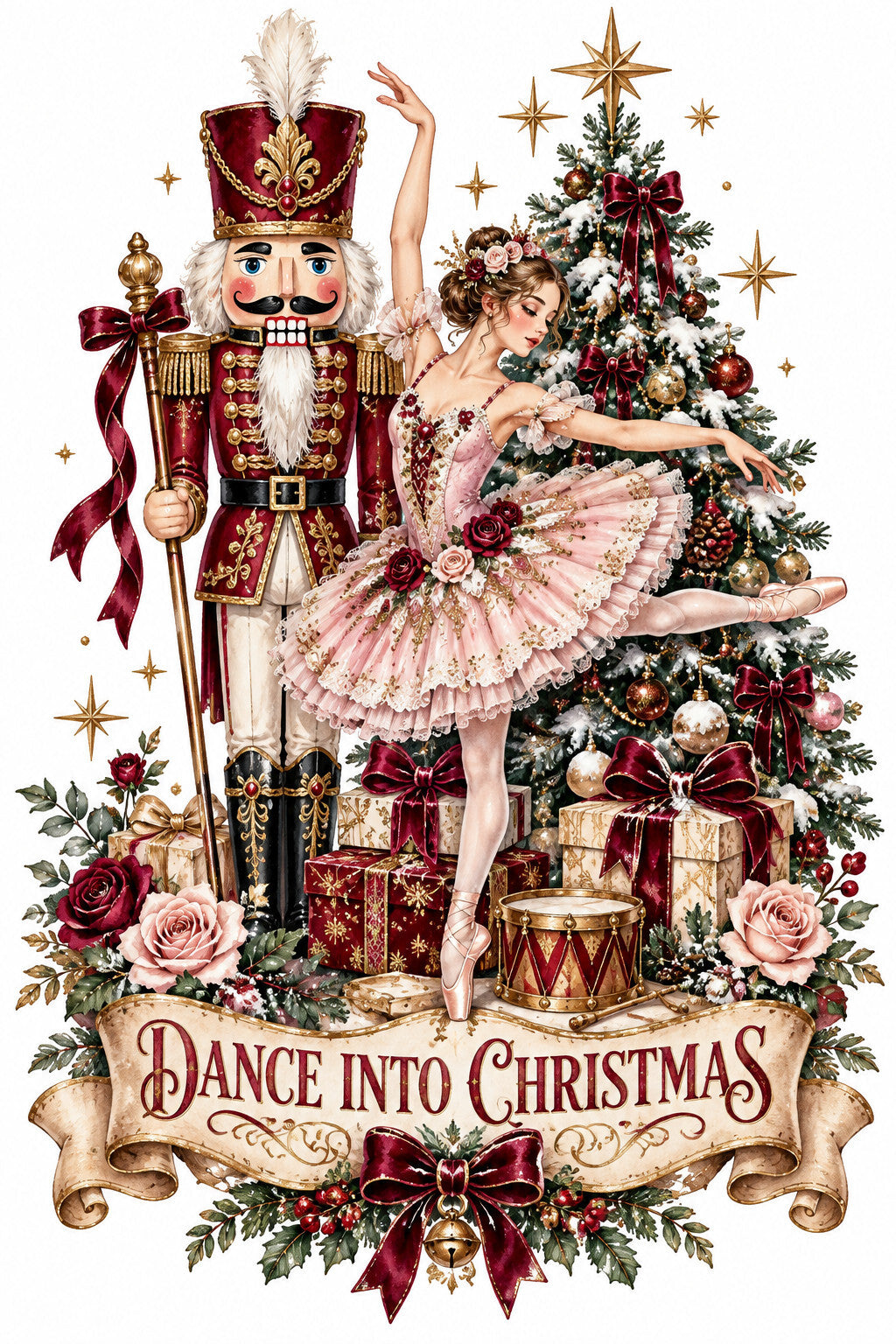 4pcs 10in Dance Into Christmas Nutcracker Ballerina DTF Transfer Ready to Press