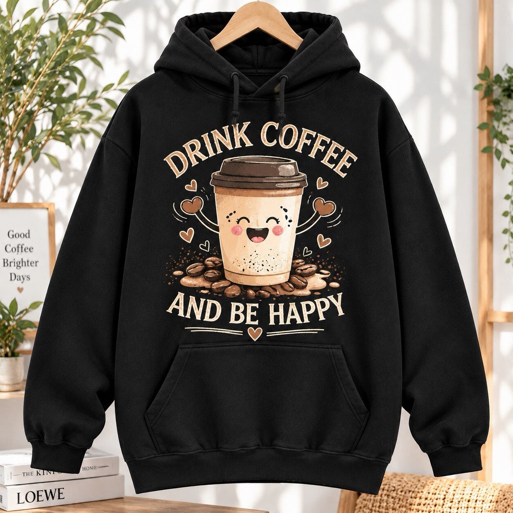 Drink Coffee And Be Happy Hoodie Cute Coffee Cup Graphic Black Pullover Unisex