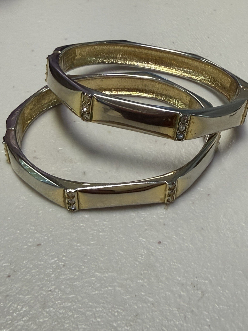 Pair Silver Tone Crystal Hinged Bangle Bracelets Geometric Stackable 2.5 Inch