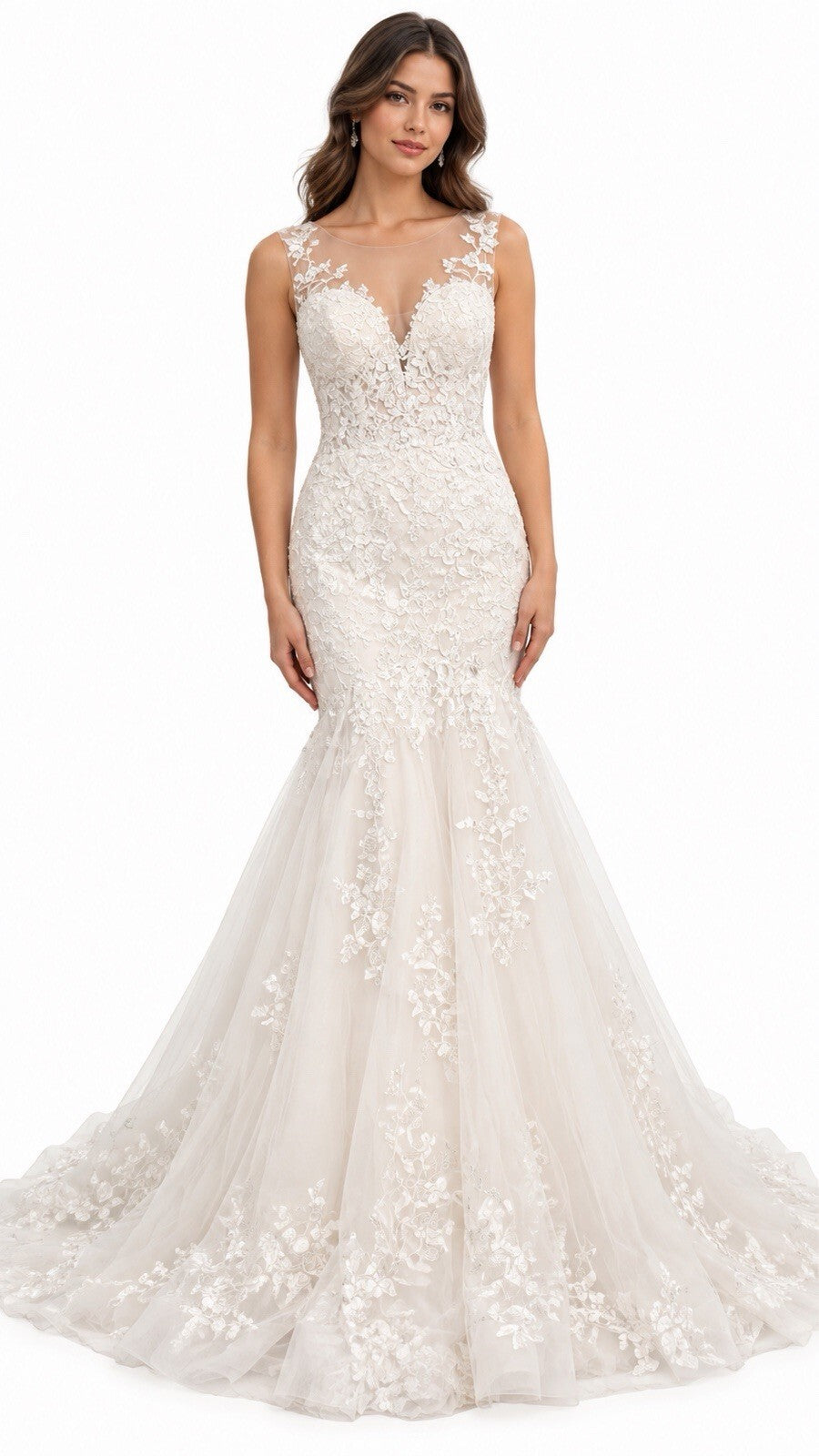 Ivory Lace Mermaid Wedding Dress Size 12 Floral Embroidered Bridal Gown Train