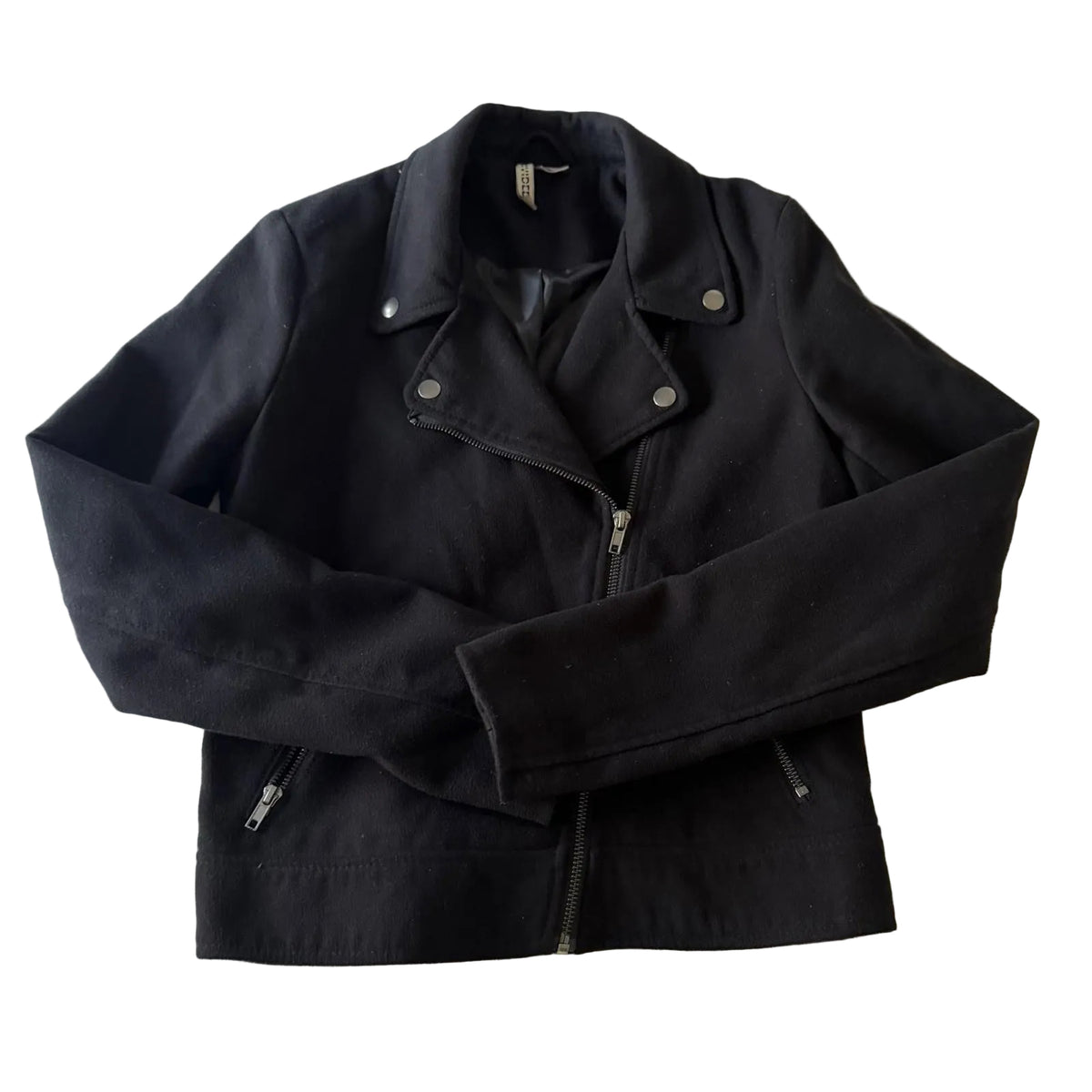 H&M Divided Women’s Black Moto Biker Jacket Size 2 Cropped Wool-Like Polyester