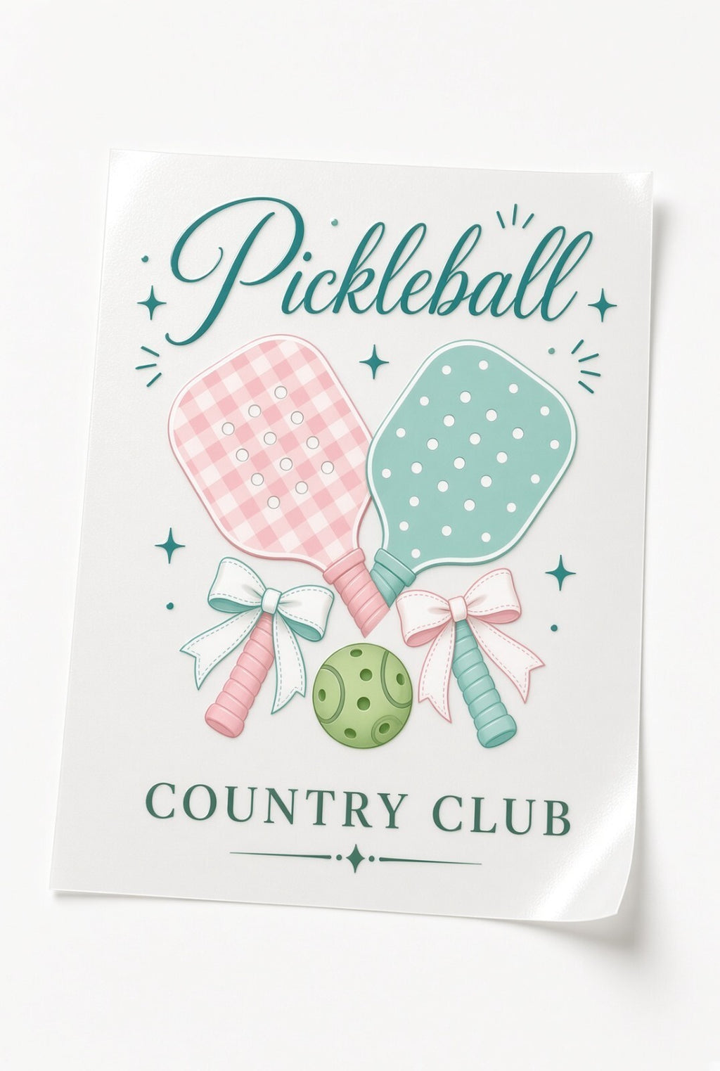4pc 10" Pickleball Country Club Pink Paddle Bow DTF Transfer Ready to Press