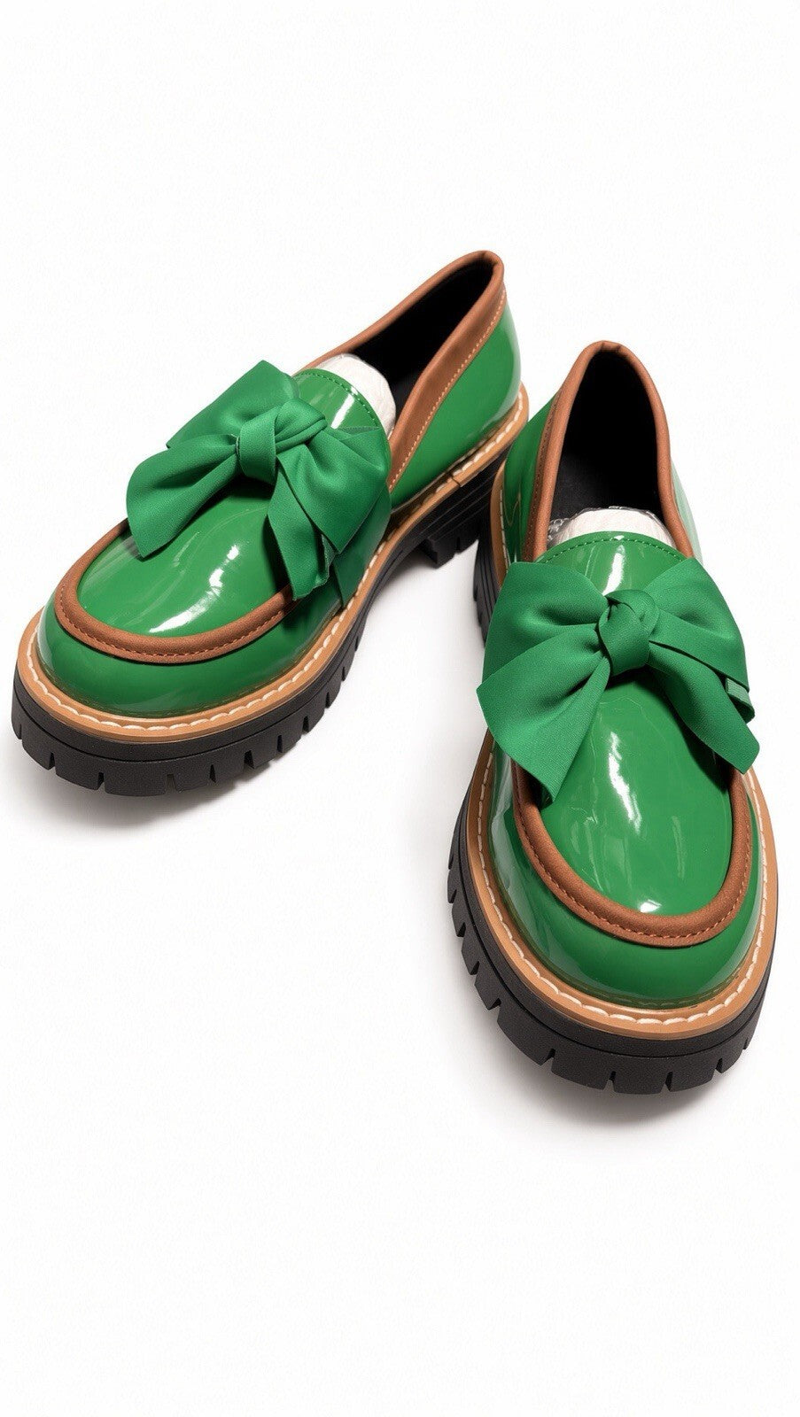Women Green Patent Loafers Bow Accent Chunky Lug Sole Slip On Dress Shoes 41