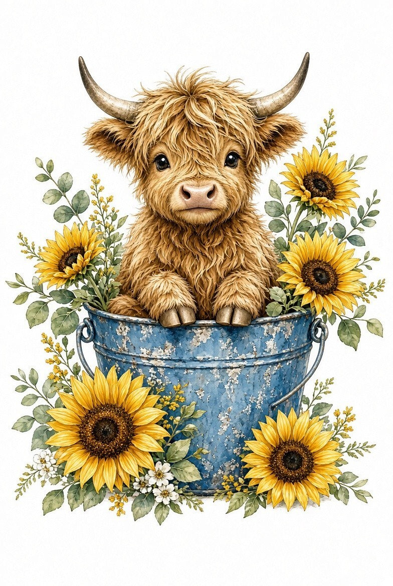 4pcs 10in Highland Cow Sunflower Bucket Farm DTF Transfer
