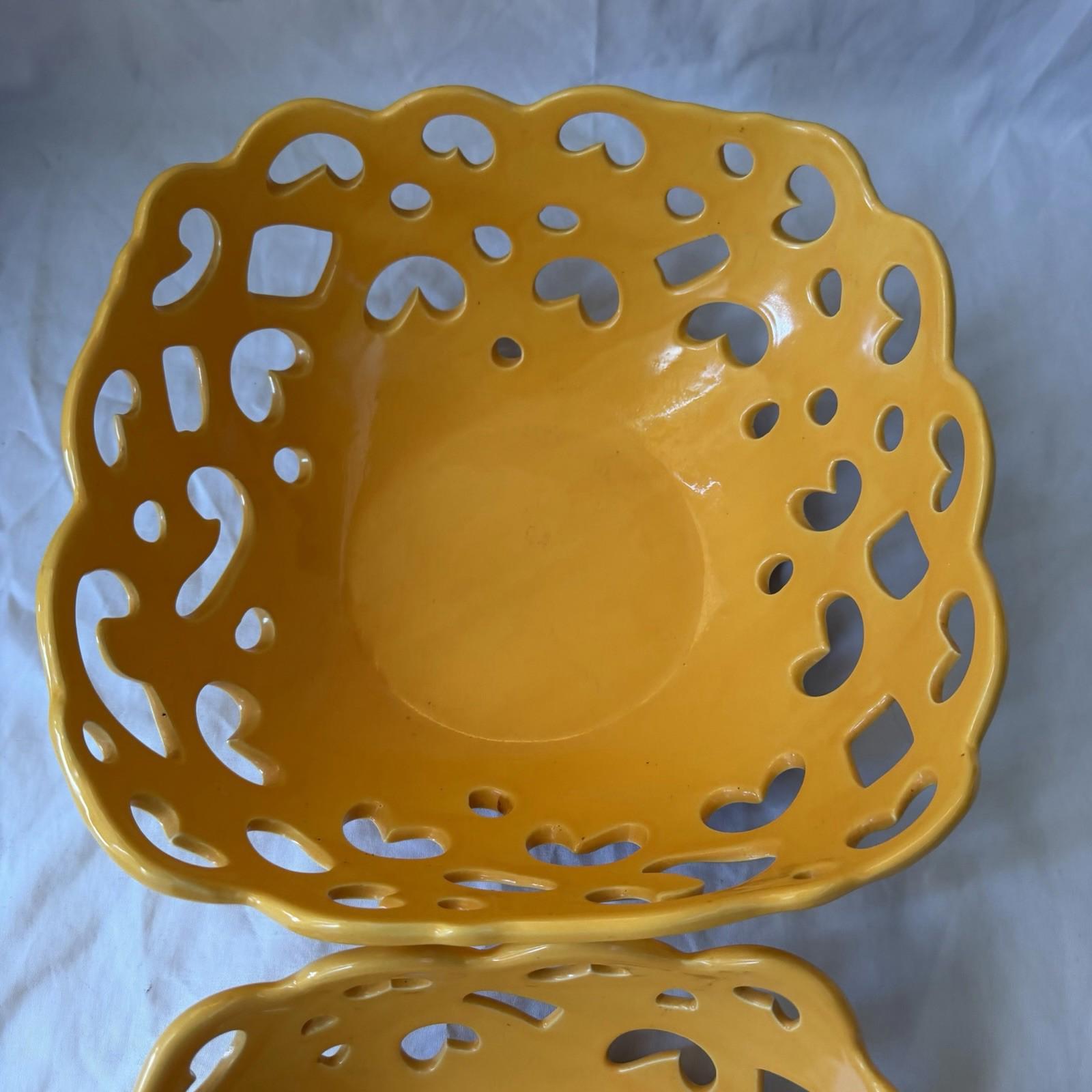 Tabletops Gallery Yellow Reticulated Serving Basket Bowl Set Pierced Stoneware