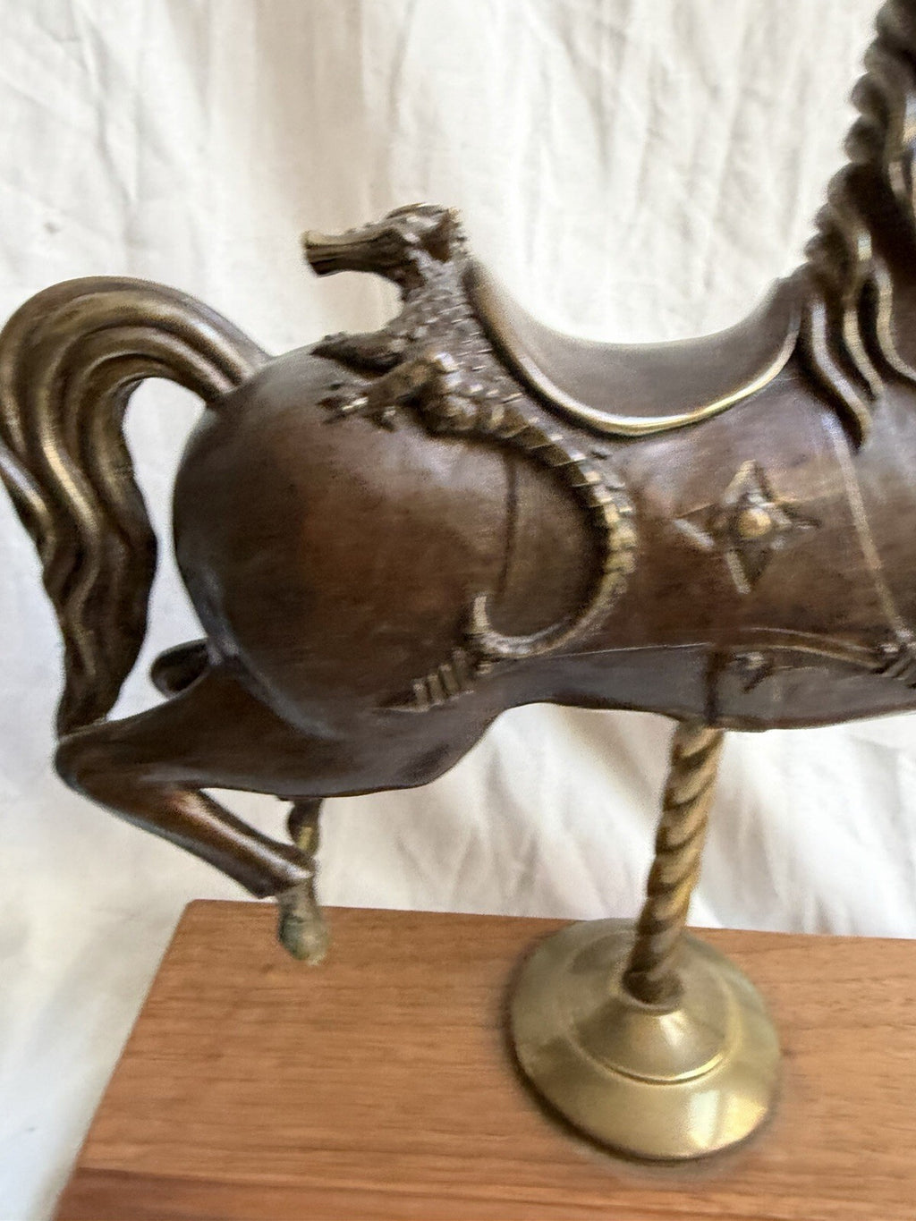 Vintage Bronze Carousel Horse Statue on Wood Base 12” Dragon Detail Brass Pole