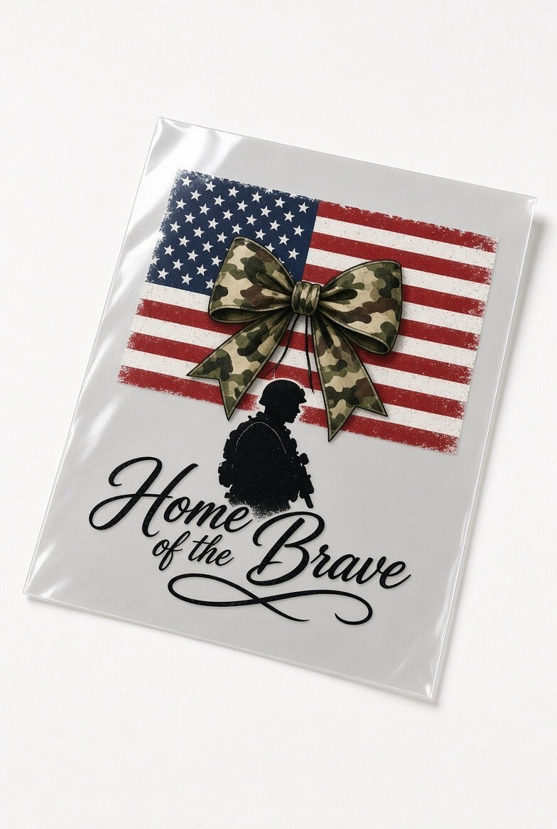 PK4 Home of the Brave DTF Transfer 10in Flag Camo Bow Patriotic Heat Press