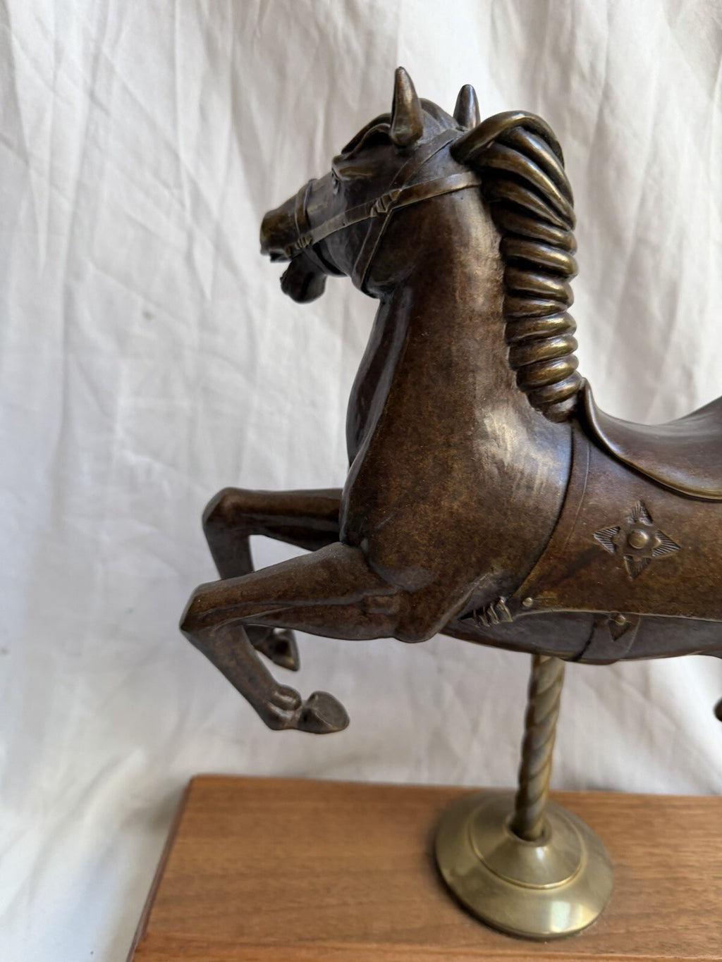Vintage Bronze Carousel Horse Statue on Wood Base 12” Dragon Detail Brass Pole
