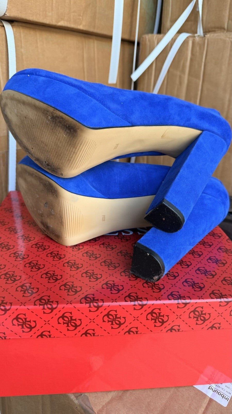 GUESS Padey Women 8.5M Blue Suede Platform Pumps Block High Heels w/ Box