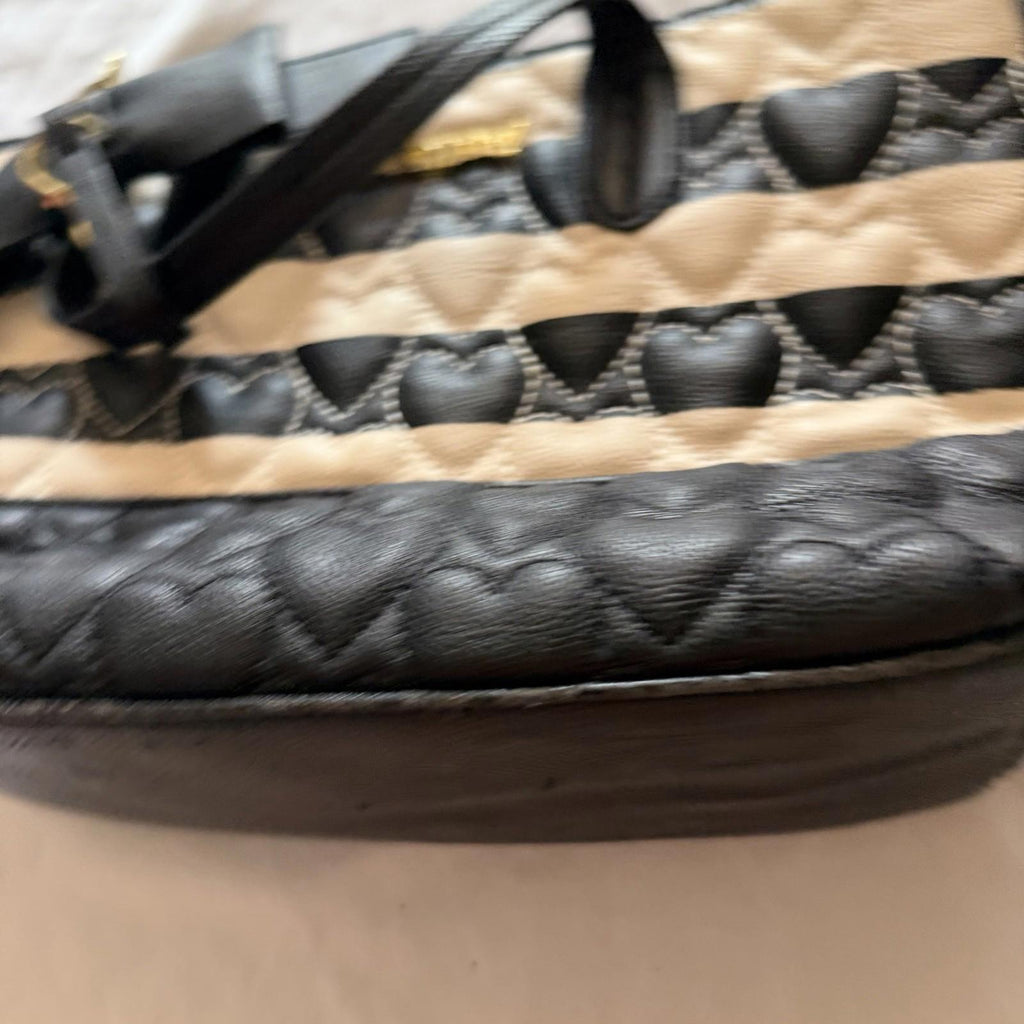 Betsey Johnson Quilted Heart Tote Black Beige Striped Bow Charm Gold Hardware