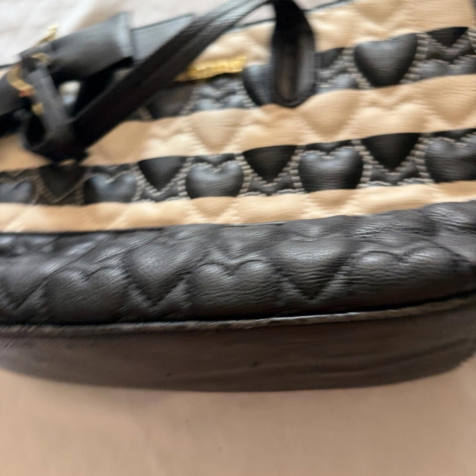 Betsey Johnson Quilted Heart Tote Black Beige Striped Bow Charm Gold Hardware
