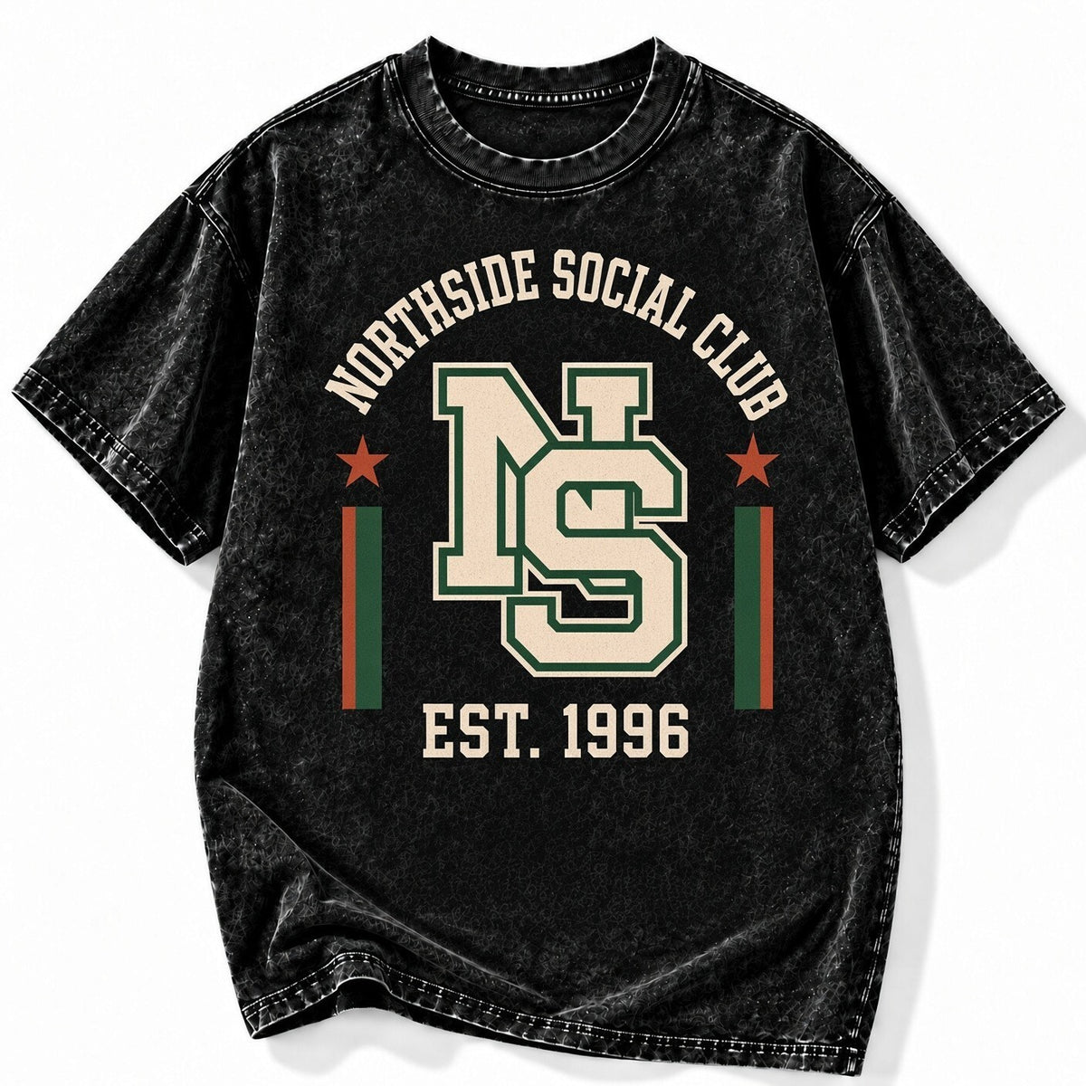 Acid Wash Black Tee Northside Social Club NS Est 1996 Varsity Vintage Graphic