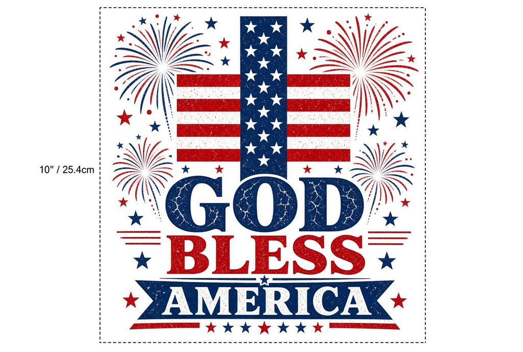 4Pcs 10" God Bless America DTF Transfers Flag Cross Fireworks Iron On