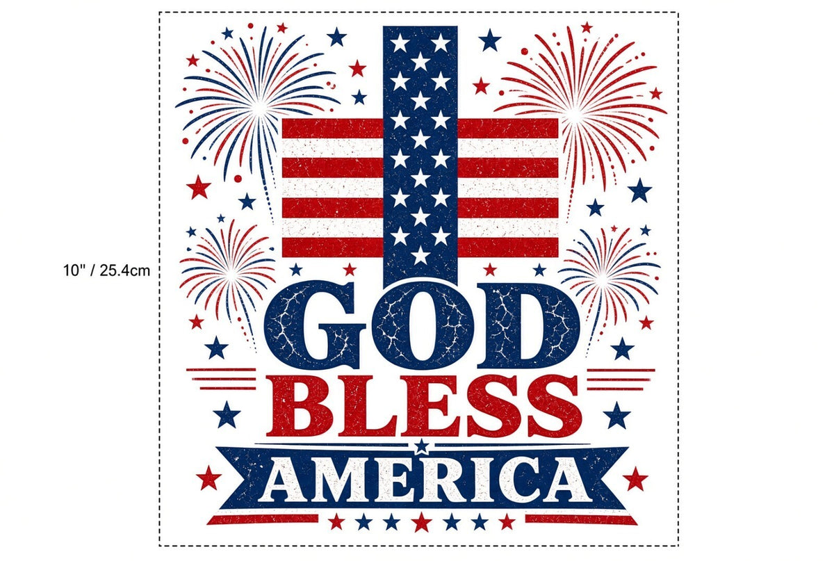 4Pcs 10" God Bless America DTF Transfers Flag Cross Fireworks Iron On